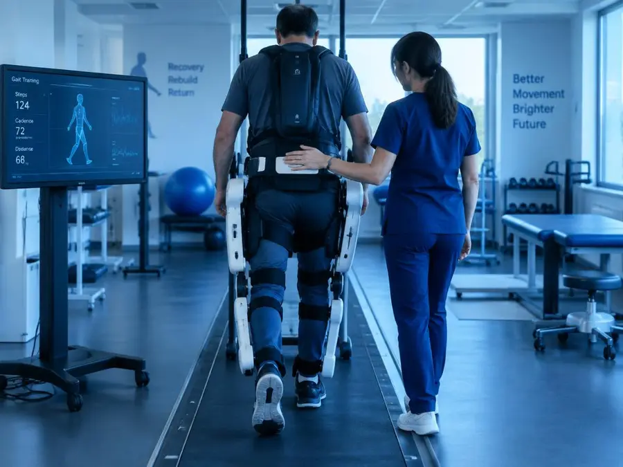 Terapeuta asistiendo rehabilitación robótica