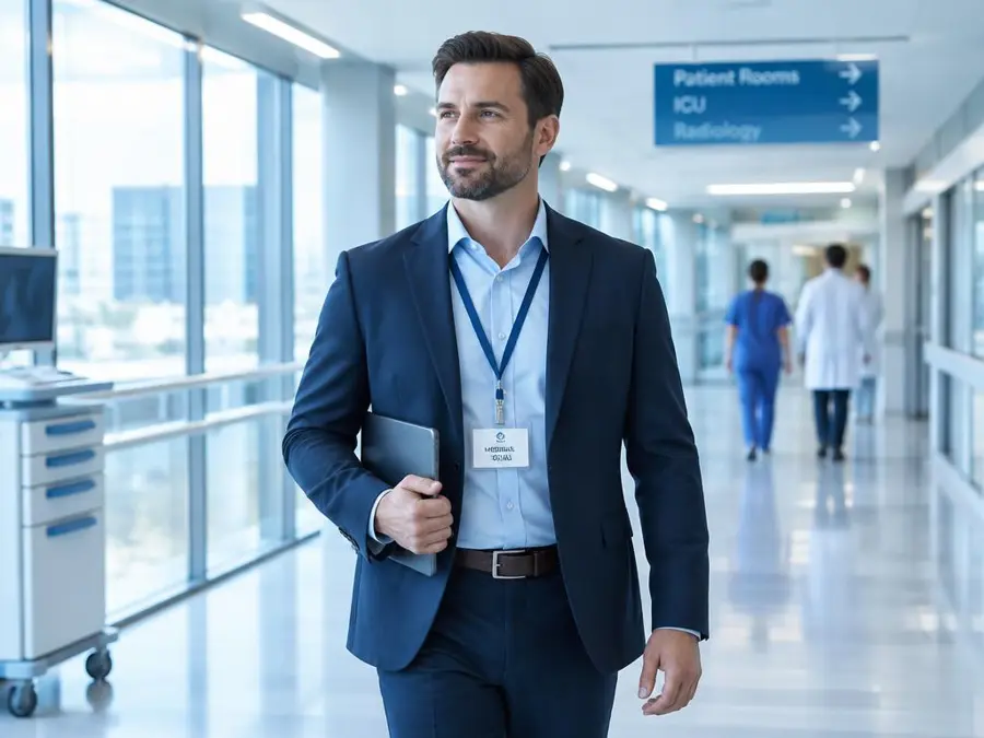 Representante médico caminando en un hospital